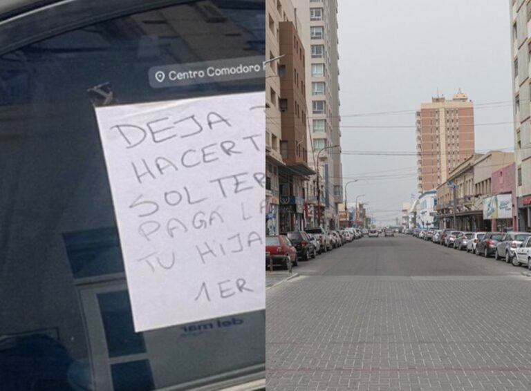 Cartel pegado en parabrisas de auto en Comodoro Rivadavia con reclamo de cuota alimentaria