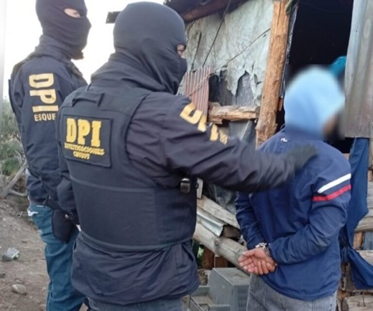 Efectivos policiales durante un operativo de allanamiento en Esquel, Chubut