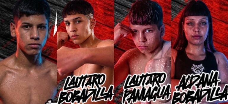 Ring de kickboxing en el SUM de la Escuela N°718 de Rada Tilly, listo para el evento Rada Fight Night.