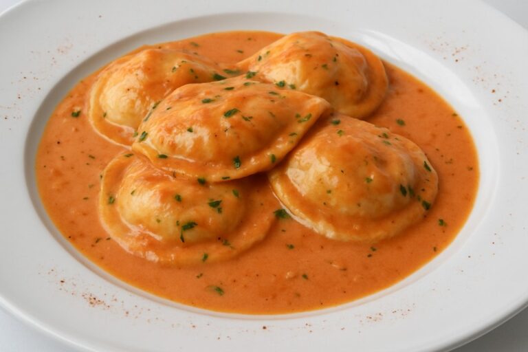 Sorrentinos de calabaza y cebolla caramelizada servidos en un plato, listos para degustar.