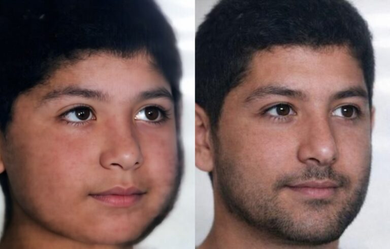 Comparación entre la foto infantil de Hernán Soto y la reconstrucción digital de su posible rostro actual.