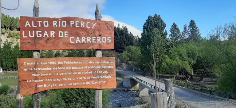 Vista del río Percy en el Valle 16 de Octubre, con montañas y bosque patagónico de fondo