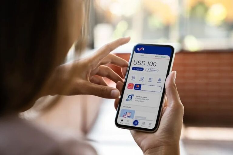 Persona usando un teléfono móvil con una aplicación de billetera virtual abierta, simbolizando el acceso a créditos digitales en Argentina.