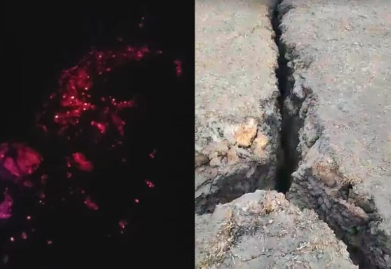 Imagen de grietas en el suelo con humo en Gastre, Chubut
