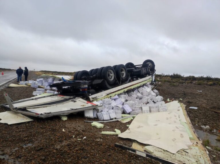 Camión volcado con cajas de langostino en la banquina de la Ruta 3, en Chubut
