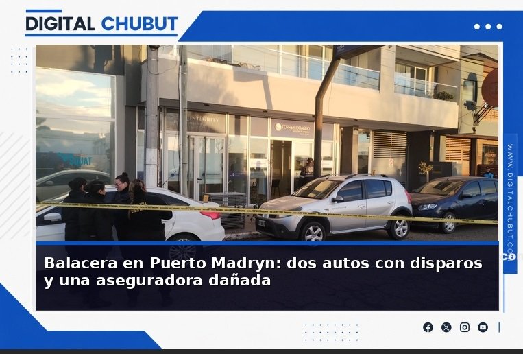 Fachada de aseguradora dañada por disparos en Puerto Madryn