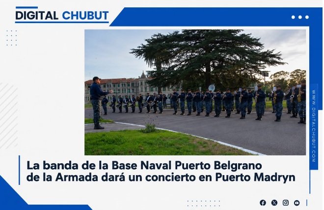 Banda de música de la Base Naval Puerto Belgrano tocando instrumentos de viento y percusión