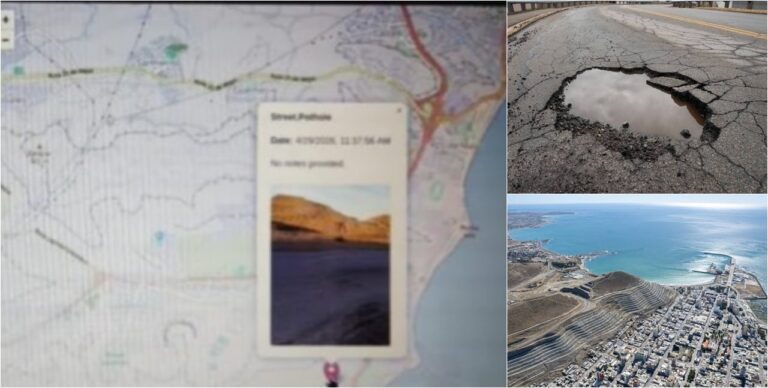 Captura de pantalla de la aplicación CrowdSource mostrando un mapa con reportes georreferenciados