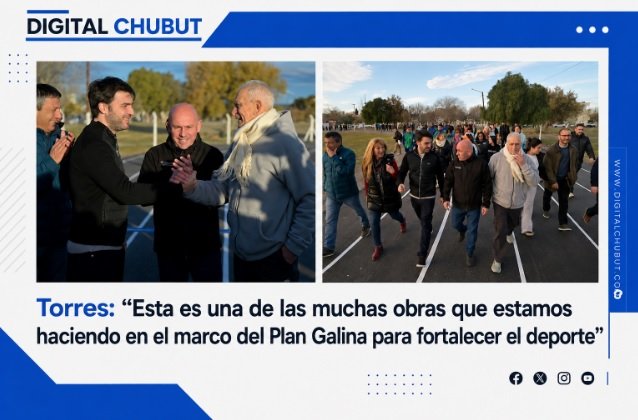 Gobernador Ignacio Torres recorriendo la pista de atletismo Horacio Cabito en Puerto Madryn