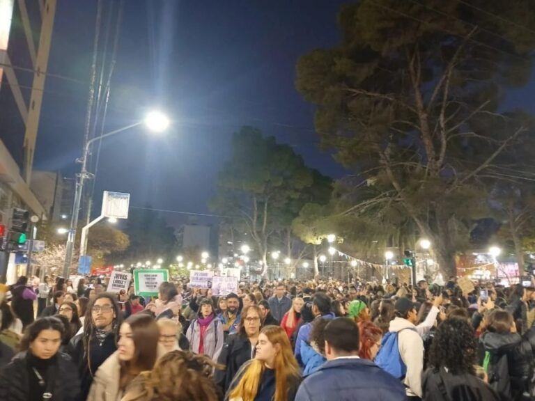 Movilización del Ni Una Menos en Neuquén, con manifestantes portando carteles y banderas violetas