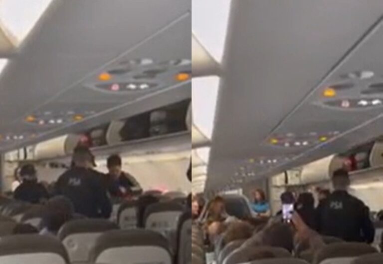 Pasajera es retirada por efectivos de la PSA de un avión en el aeropuerto