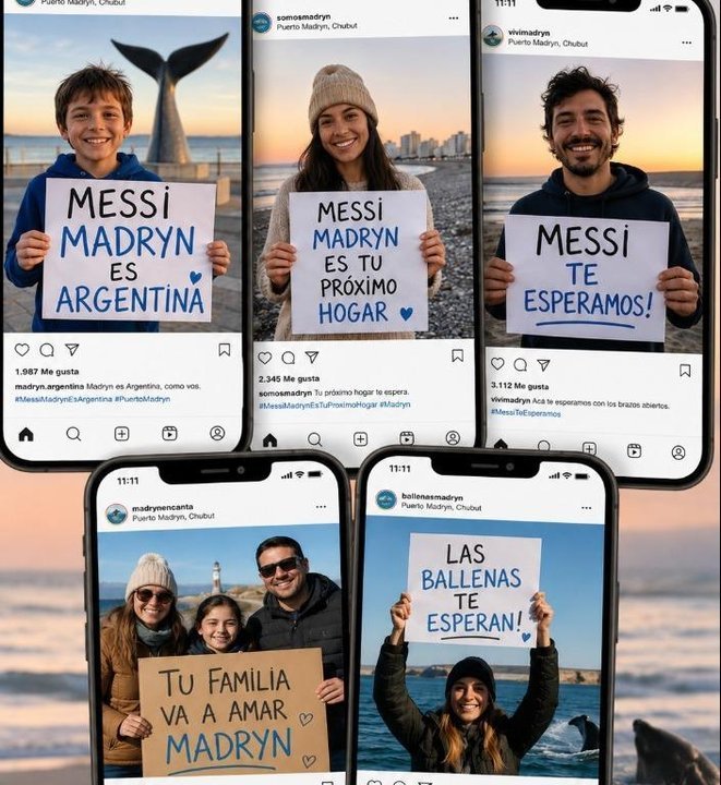 Cartel con la frase Lio Madryn te espera en Puerto Madryn