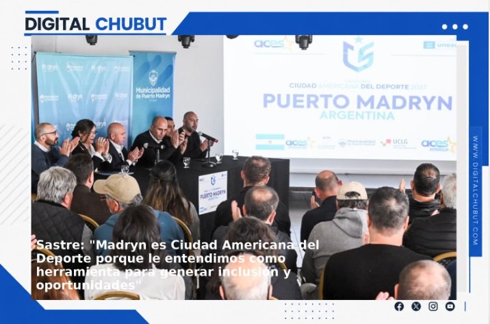 Intendente Gustavo Sastre durante anuncio de designación de Puerto Madryn como Ciudad Americana del Deporte