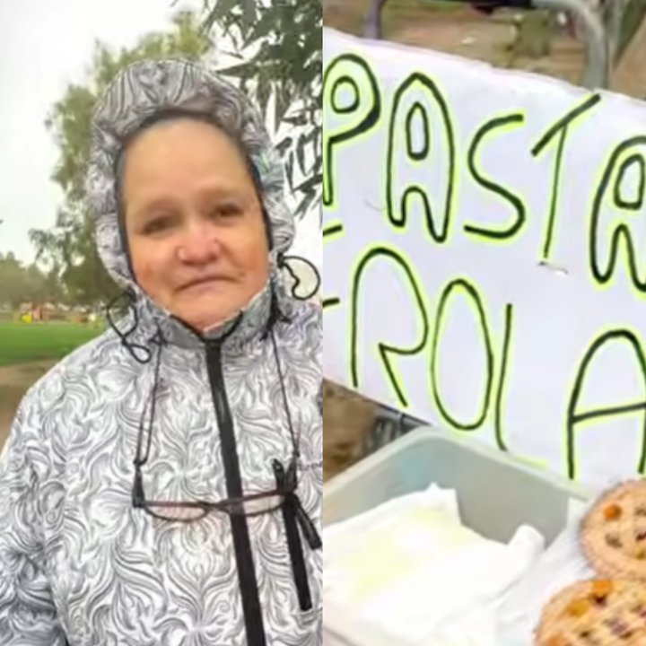 Mujer vendiendo pan casero en una esquina de Puerto Madryn