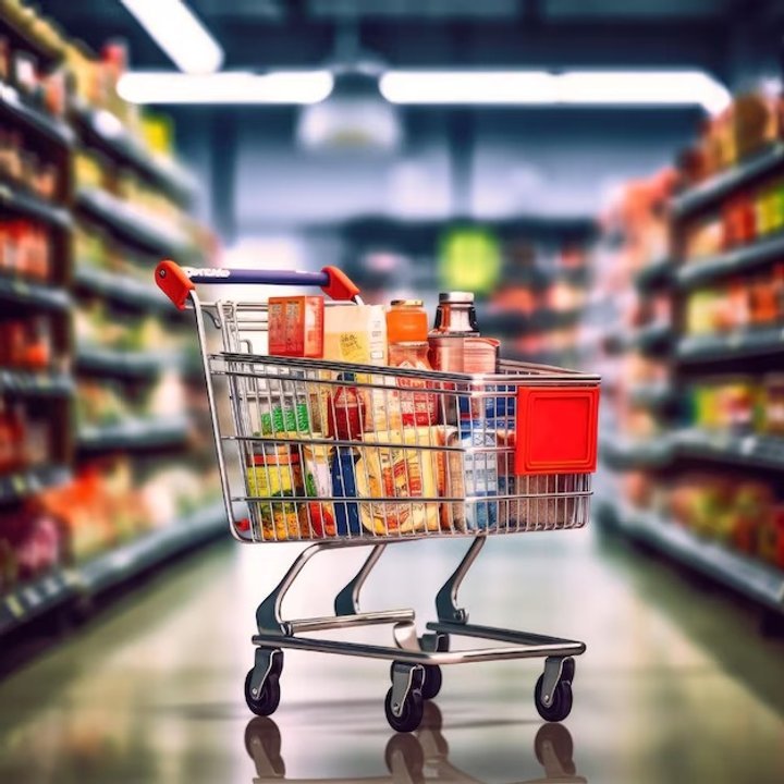 Góndolas de supermercado con productos