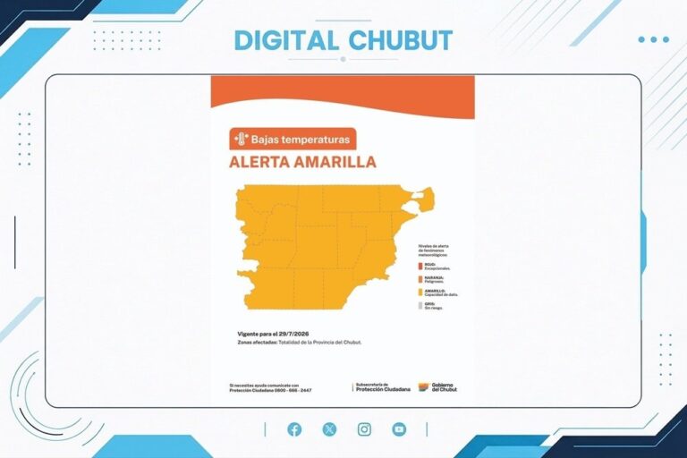 Mapa de Chubut con alerta amarilla por bajas temperaturas