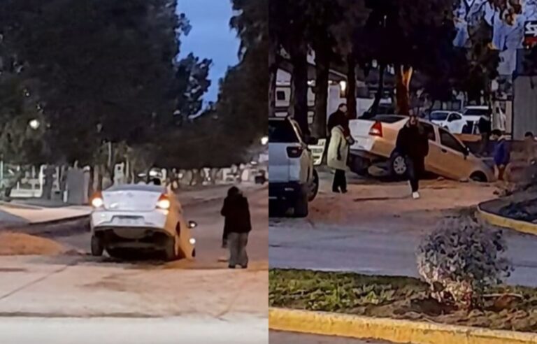 Toyota Etios encajado en pozo de obra de pavimentación en Puerto Madryn