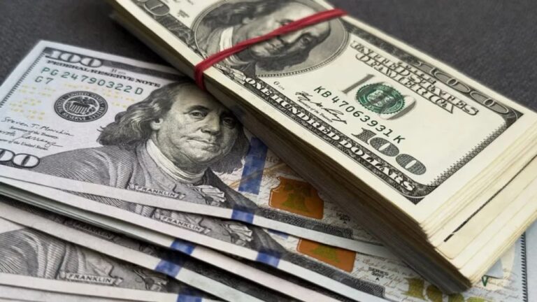 Billetes de dólar y de peso argentino sobre una mesa