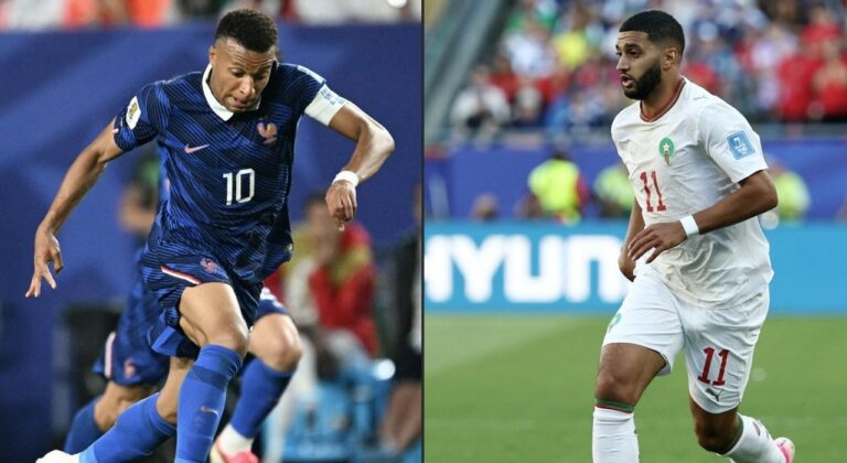 Jugadores de Francia y Marruecos en el campo del Gillette Stadium durante el partido de cuartos de final del Mundial 2026