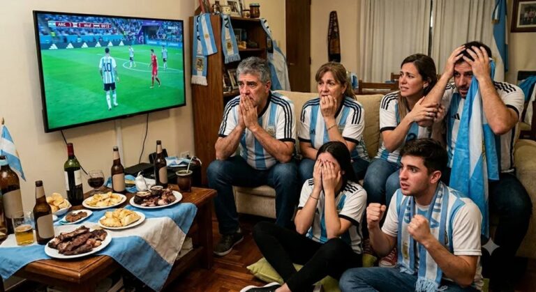 Persona sosteniendo su pecho mientras mira un partido de fútbol en televisión