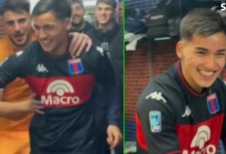 Ian Subiabre celebrando en el vestuario de Tigre tras la victoria ante River