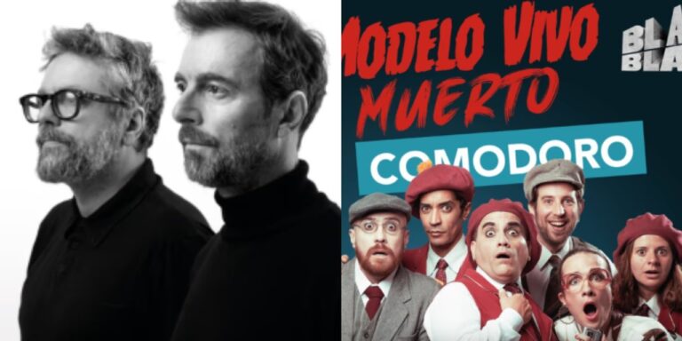 Kevin Johansen y Liniers en escena con dibujos en vivo; y afiche de la obra Modelo Vivo Muerto