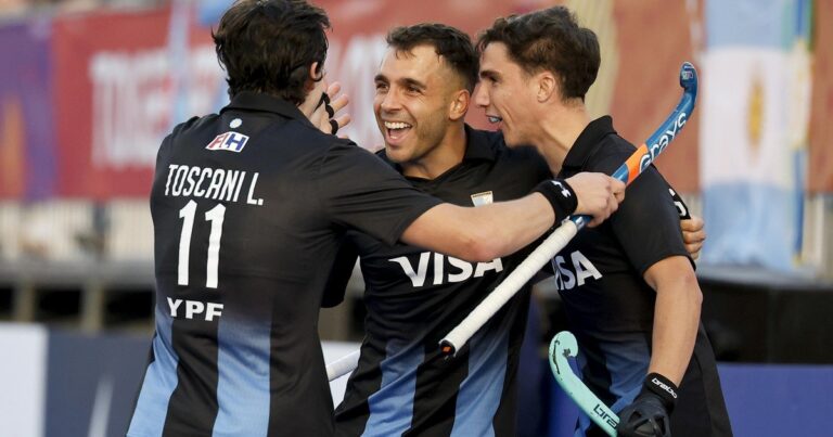 Los Leones, Selección Argentina de hockey sobre césped, durante un partido del Mundial 2026