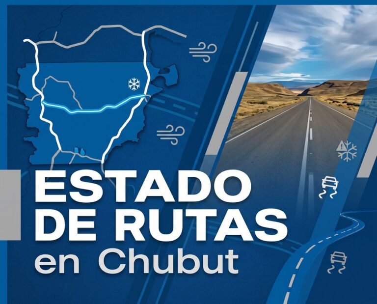 Ruta nacional en Chubut con señal de tránsito y paisaje patagónico
