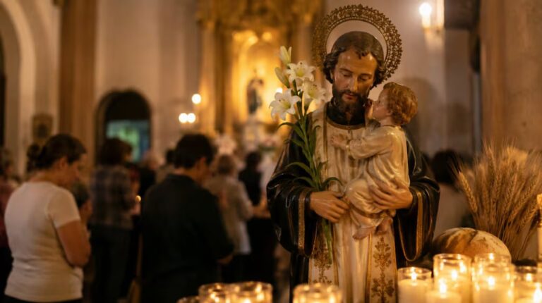 Imagen de San Cayetano con espigas de trigo en un altar