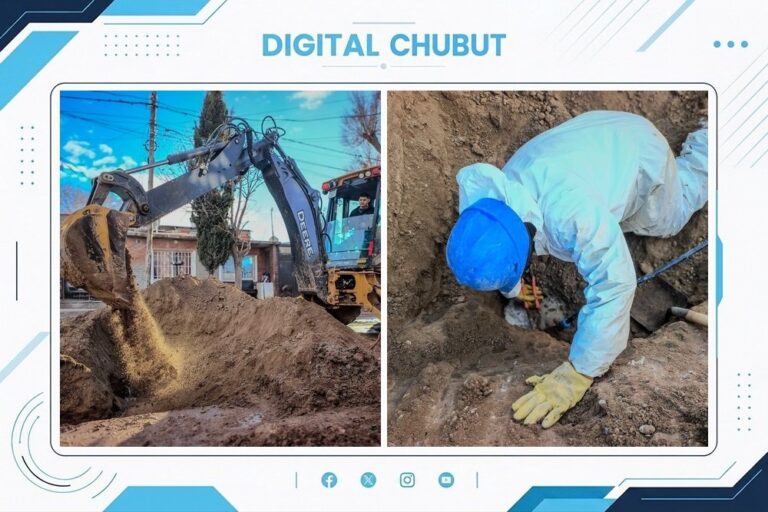 Trabajos de renovación de conexión de agua potable en calle Telsen, Puerto Madryn