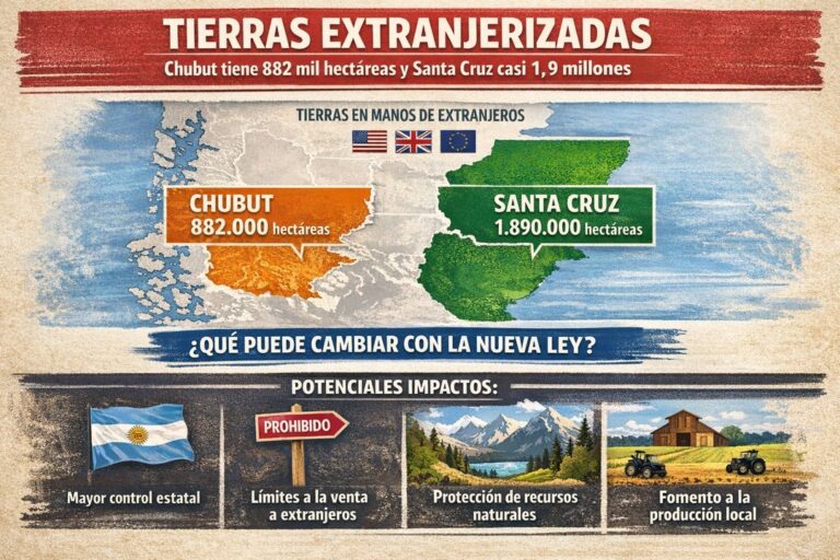Mapa de la Patagonia con zonas de tierras extranjerizadas en Chubut y Santa Cruz