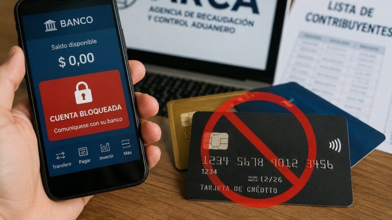 Persona revisando una cuenta bancaria en un dispositivo móvil, con billetes y una calculadora sobre la mesa