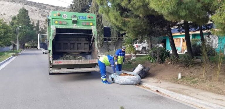 Camión municipal recolectando residuos voluminosos en un barrio de Comodoro Rivadavia