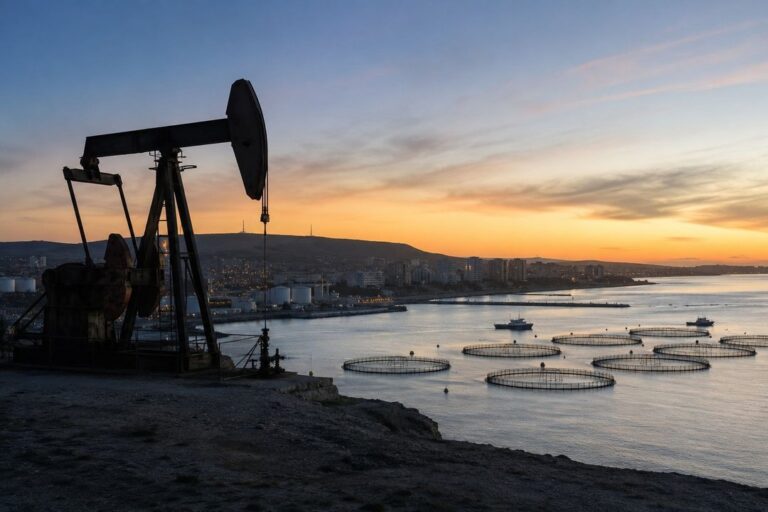 Vista de Comodoro Rivadavia con instalaciones industriales y el mar de fondo