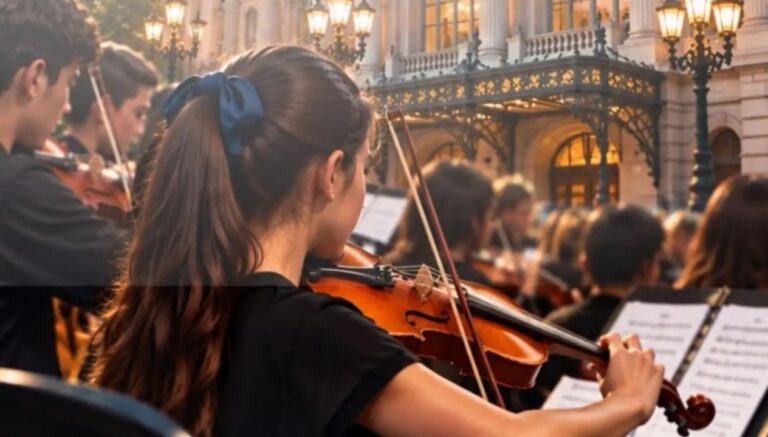 Orquesta Infanto Juvenil del barrio INTA de Trelew durante un ensayo