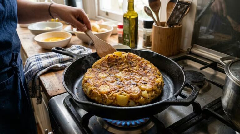 Tortilla de papas dorada, entera y sin romperse al darla vuelta.