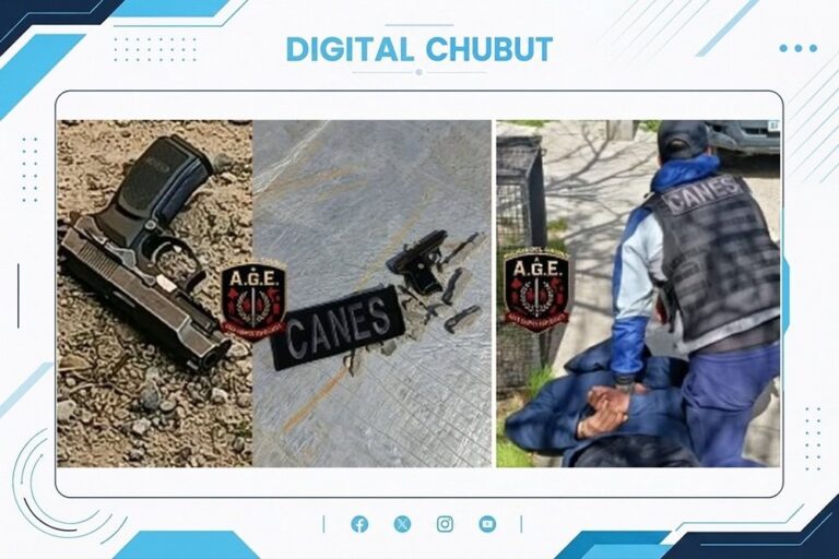 Móvil policial en Trelew durante operativo por presunto tiroteo