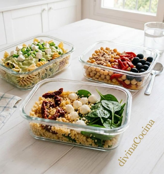 Tres tapers con ensaladas frías: pasta con guacamole, garbanzos con pimientos y atún, y cuscús con tomates secos