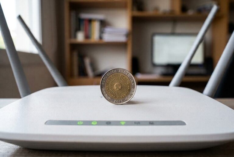 Router wifi con una moneda apoyada en su carcasa