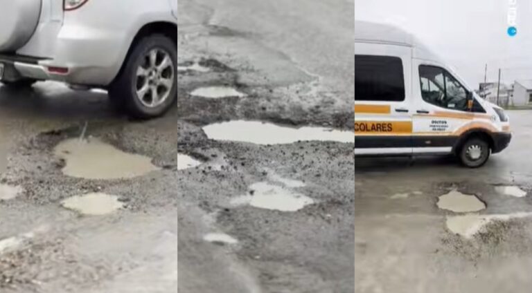 Ruta 39 en el barrio Próspero Palazzo con parches y agua acumulada