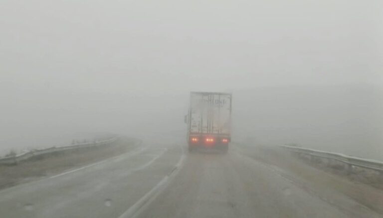 Ruta Nacional 3 en Chubut con calzada húmeda y bancos de niebla