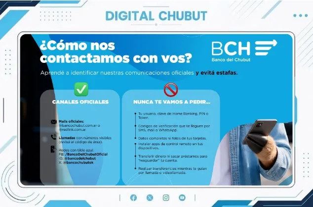 Sucursal del Banco del Chubut, entidad que difundió recomendaciones para prevenir fraudes digitales