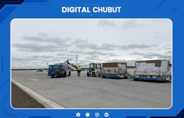 Carga de salmón congelado en el Aeropuerto de Trelew