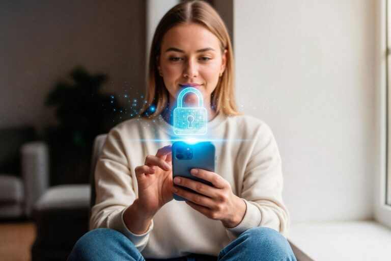Teléfono inteligente con icono de antivirus en la pantalla