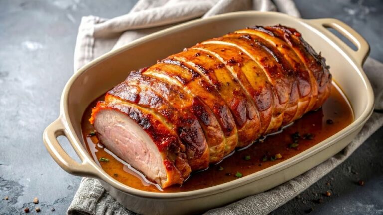Lomo de cerdo al horno cortado en rodajas con salsa