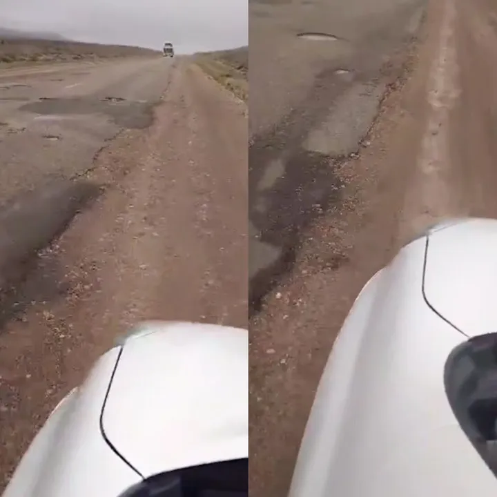 Imagen de un tramo deteriorado de la Ruta Nacional 25 en Chubut con pozos y agua acumulada